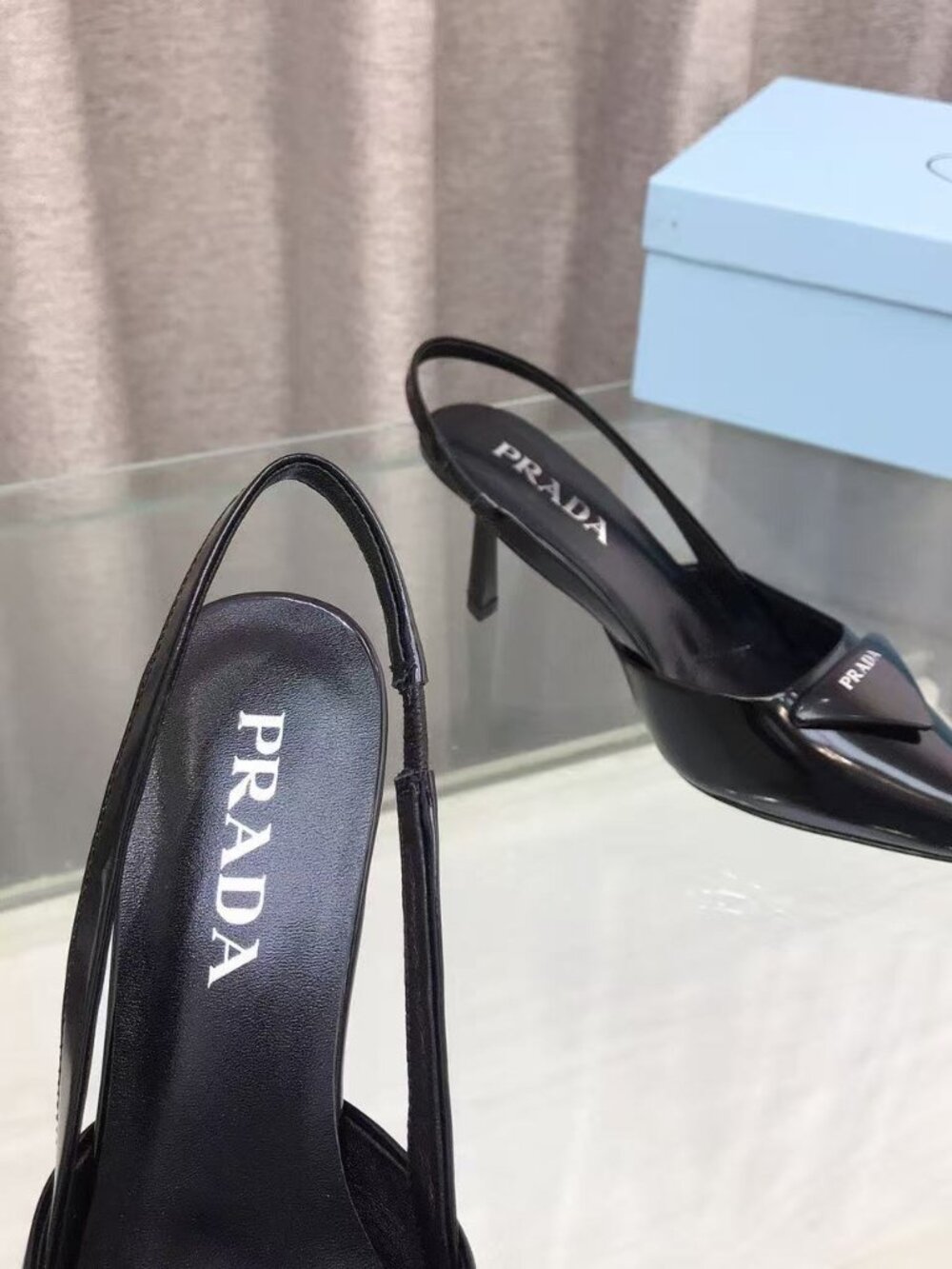 Prada Black Patent Leather Slingback Pumps Triangle Logo Kitten Heels - Picture 5 of 6